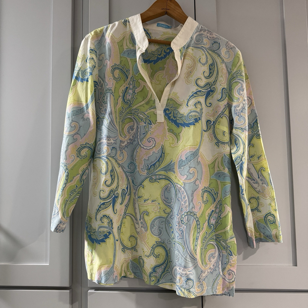 J. McLaughlin Pastel Paisley Lightweight Popover Split Neck Tunic Silk Cotton 8